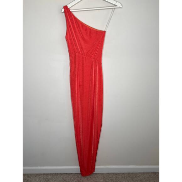Katie May Desiree Asymmetric One-Shoulder Thigh Slit Maxi Dress Coral Women's XS - Picture 8 of 13